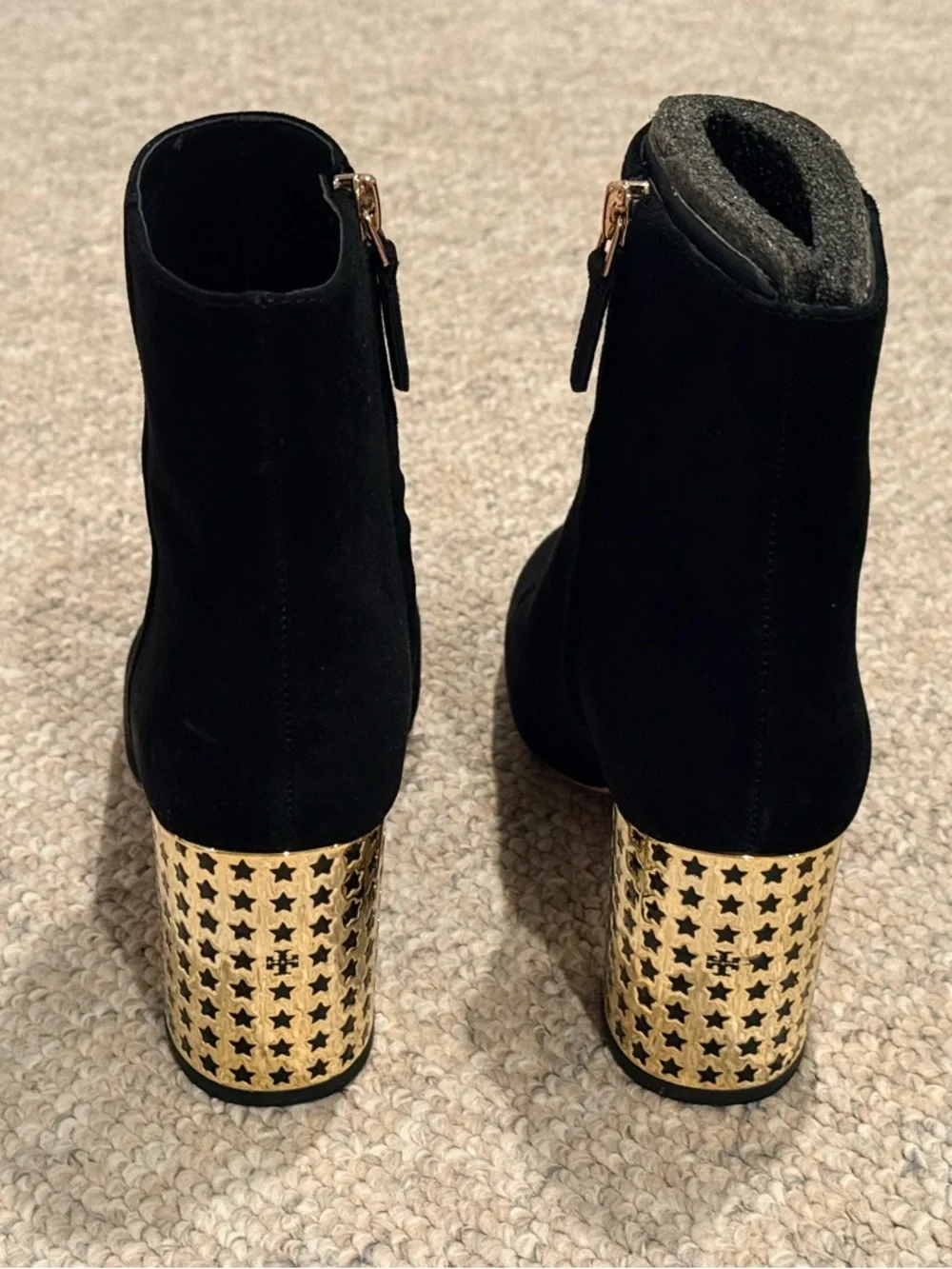 Tory Burch Olympia 70mm Kid Suede Bootie Black Size 7 Gold star heel